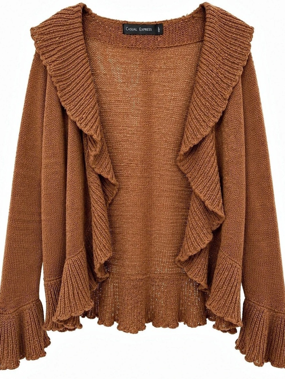 Casual Express Brown Ruffle Waterfall Open Front Cardigan Sweater L